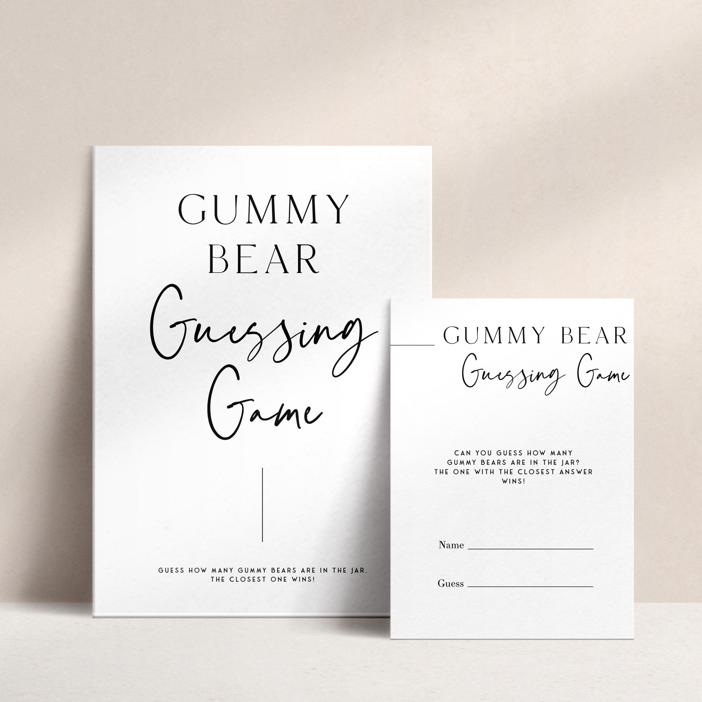Printable baby shower game gummy bear guessing game with a modern minimalist design
