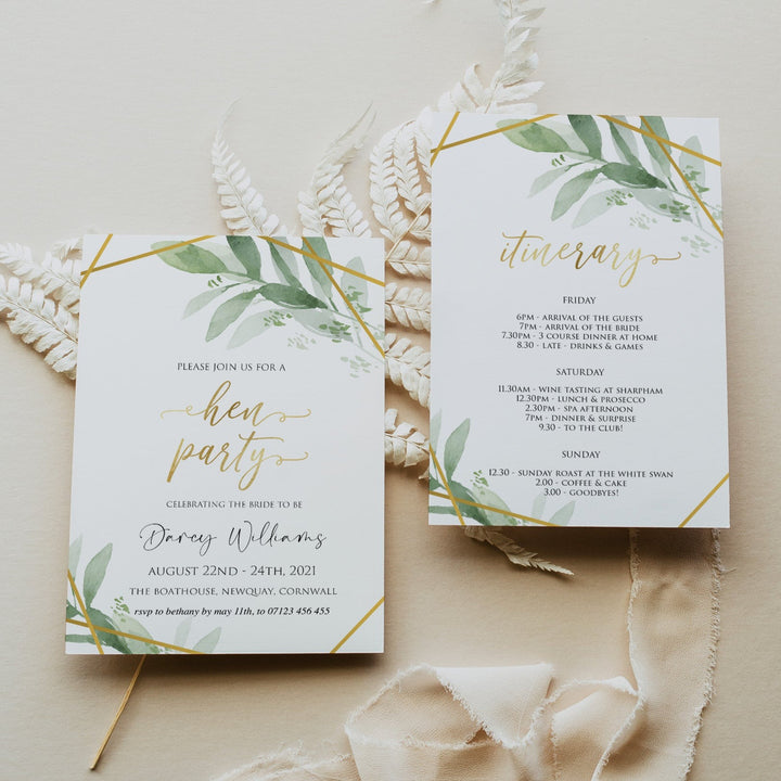 hen party invitations, editable bridal shower invitations, printable bachelorette invitations, gold greenery bridal shower invites, greenery bridal shower ideas