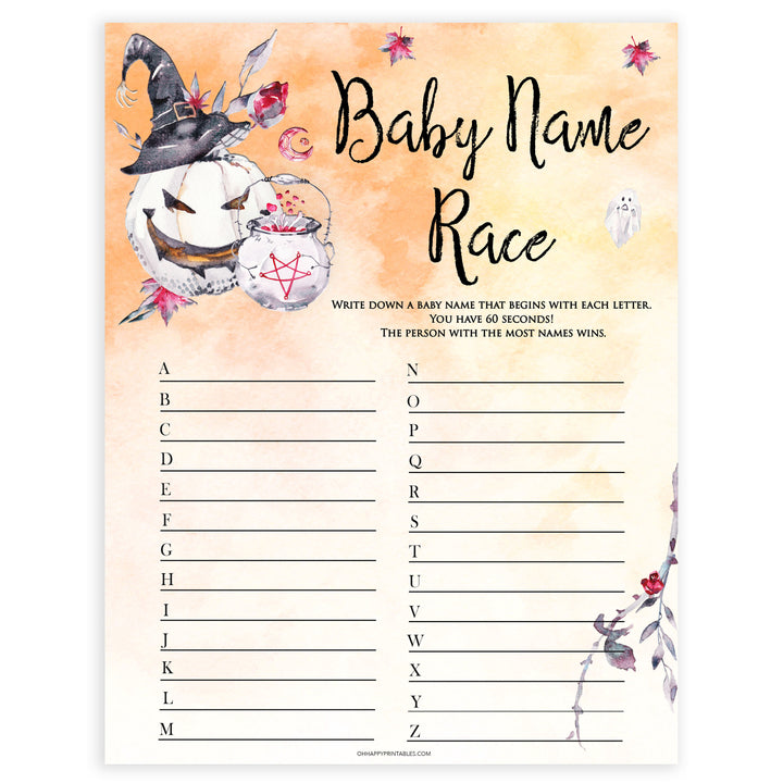 Halloween pumpkin baby games, baby name race baby games, printable baby games, best baby games, top baby games halloween baby shower, halloween baby ideas, best baby games