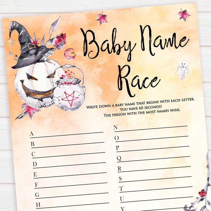 Halloween pumpkin baby games, baby name race baby games, printable baby games, best baby games, top baby games halloween baby shower, halloween baby ideas, best baby games