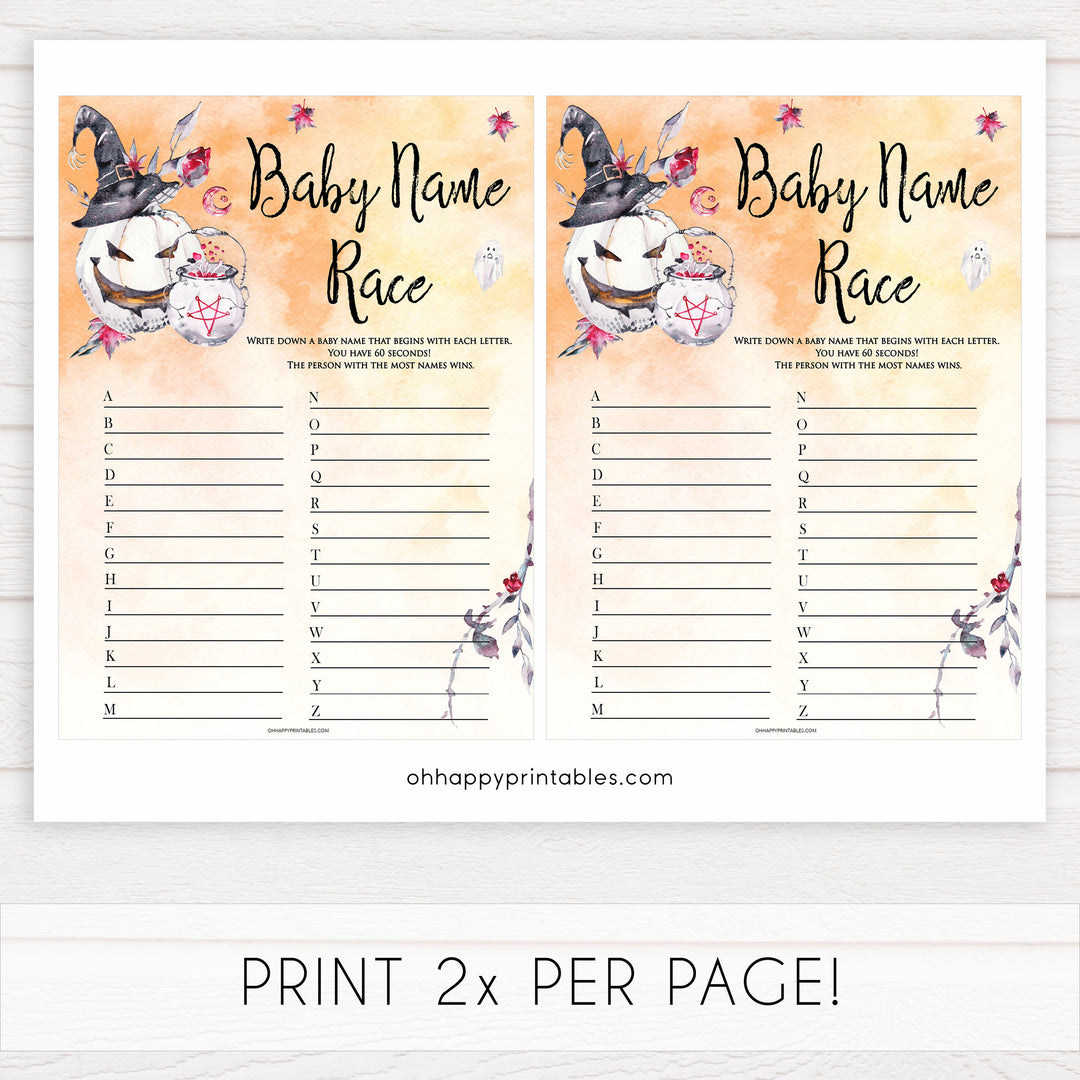 Halloween pumpkin baby games, baby name race baby games, printable baby games, best baby games, top baby games halloween baby shower, halloween baby ideas, best baby games