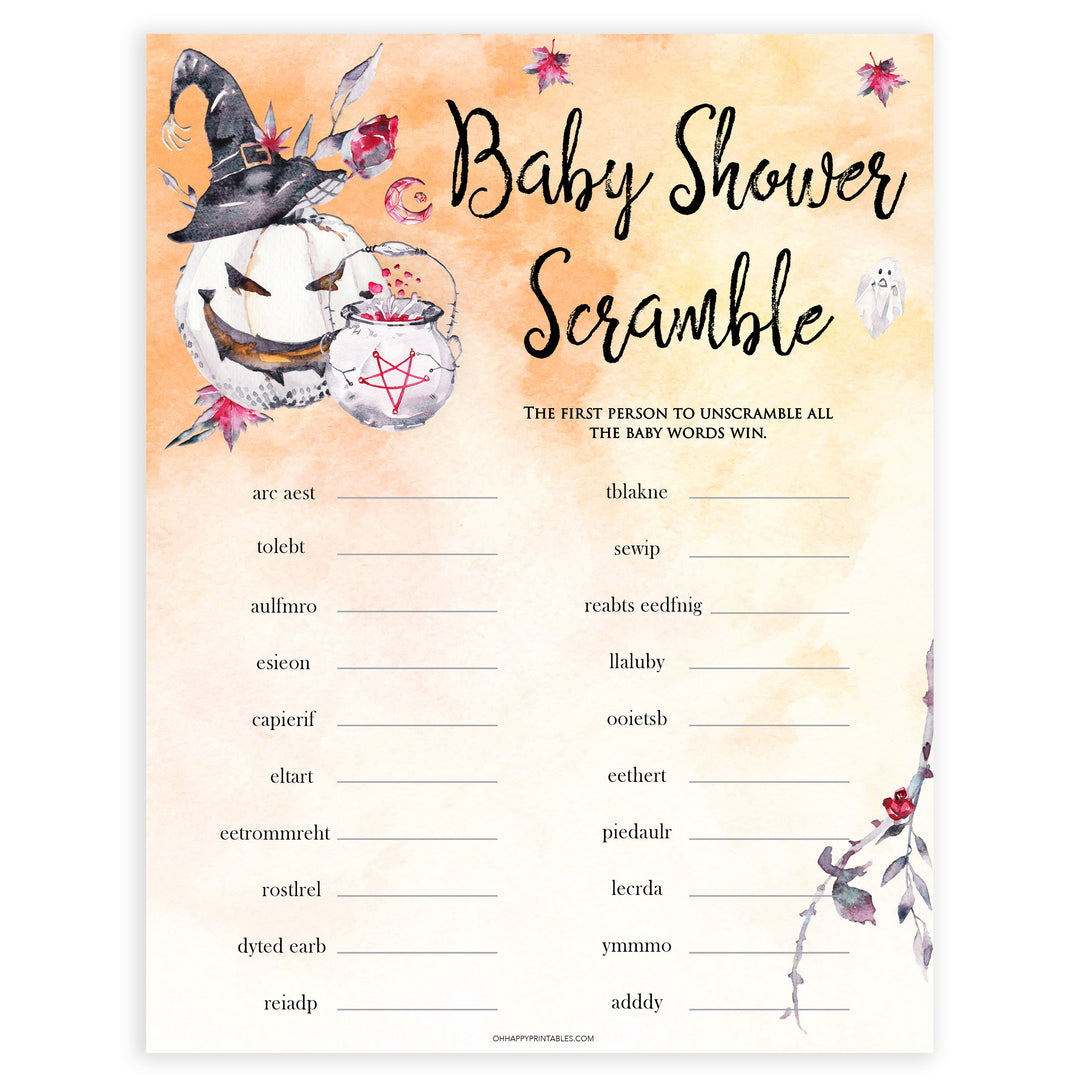 Halloween pumpkin baby games, baby scramble baby games, printable baby games, best baby games, top baby games halloween baby shower, halloween baby ideas, best baby games