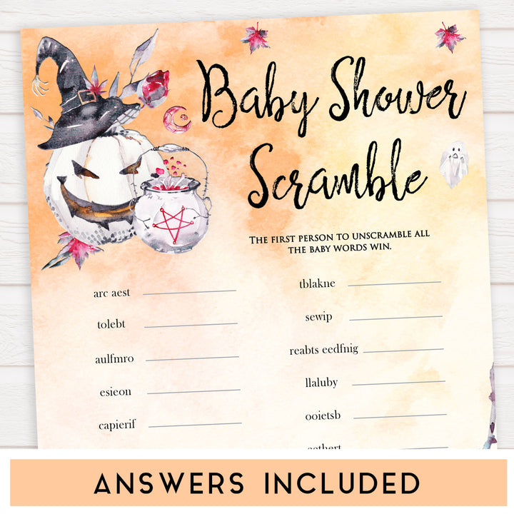 Halloween pumpkin baby games, baby scramble baby games, printable baby games, best baby games, top baby games halloween baby shower, halloween baby ideas, best baby games