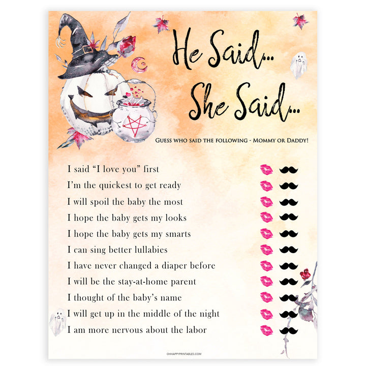 Halloween pumpkin baby games, he said she said baby games, printable baby games, best baby games, top baby games halloween baby shower, halloween baby ideas, best baby games