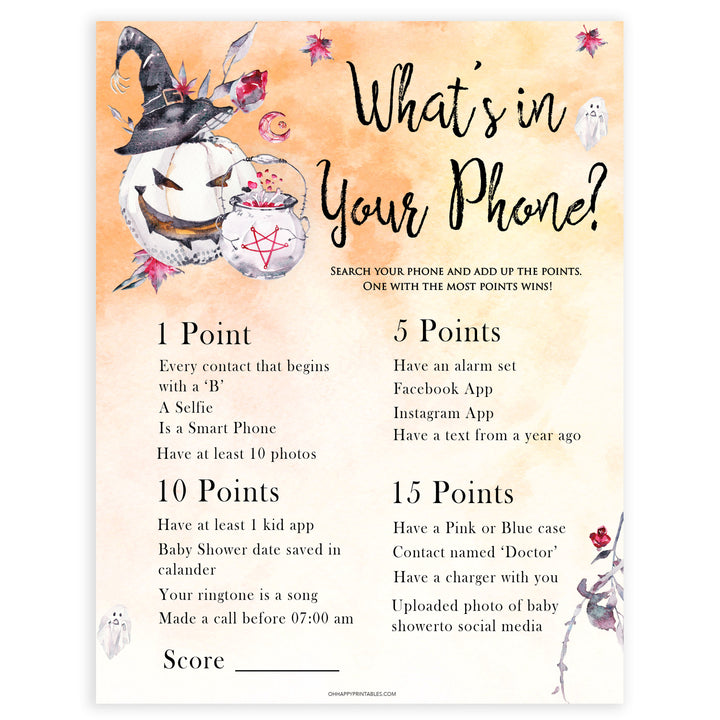 Halloween pumpkin baby games, whats in your phone baby games, printable baby games, best baby games, top baby games halloween baby shower, halloween baby ideas, best baby games