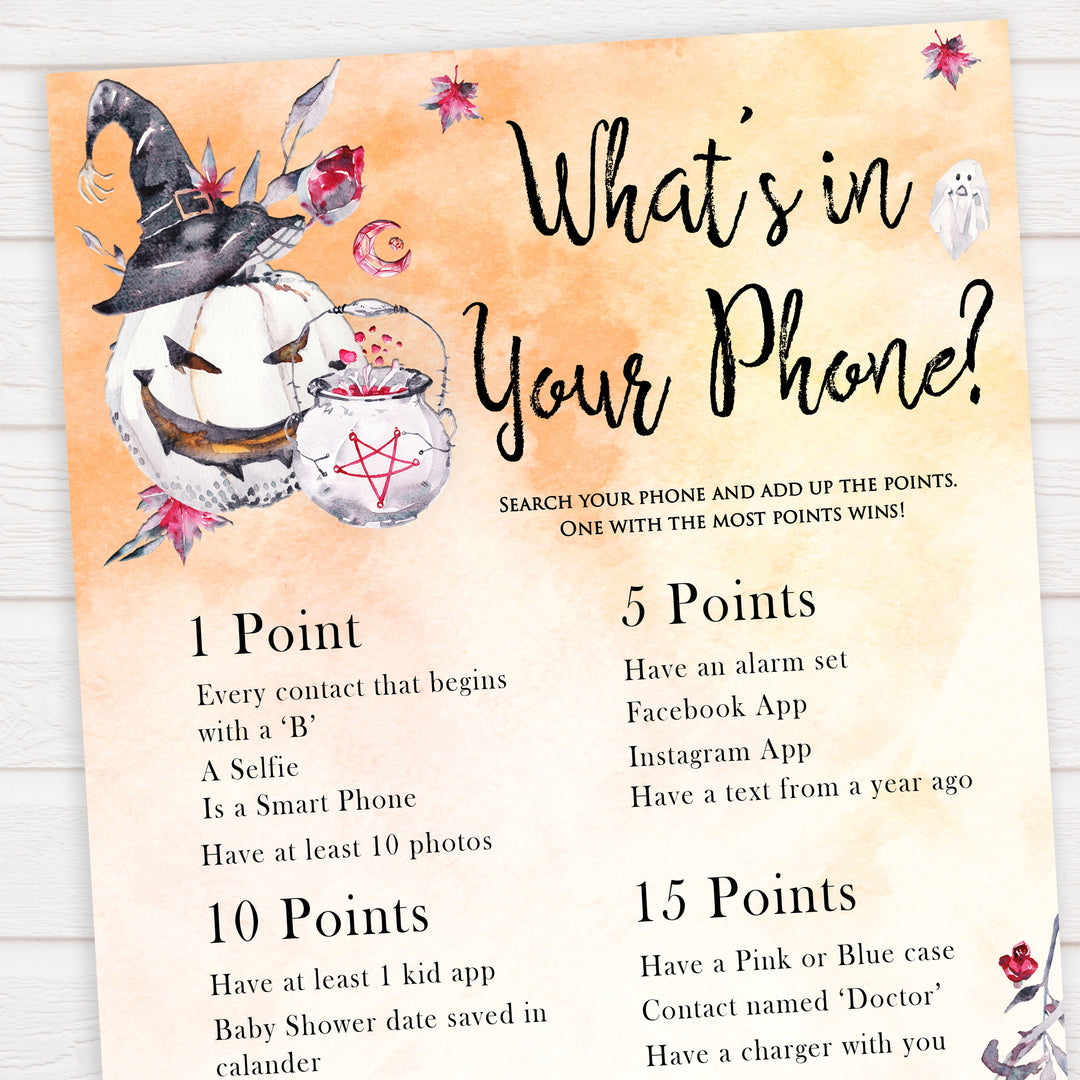 Halloween pumpkin baby games, whats in your phone baby games, printable baby games, best baby games, top baby games halloween baby shower, halloween baby ideas, best baby games