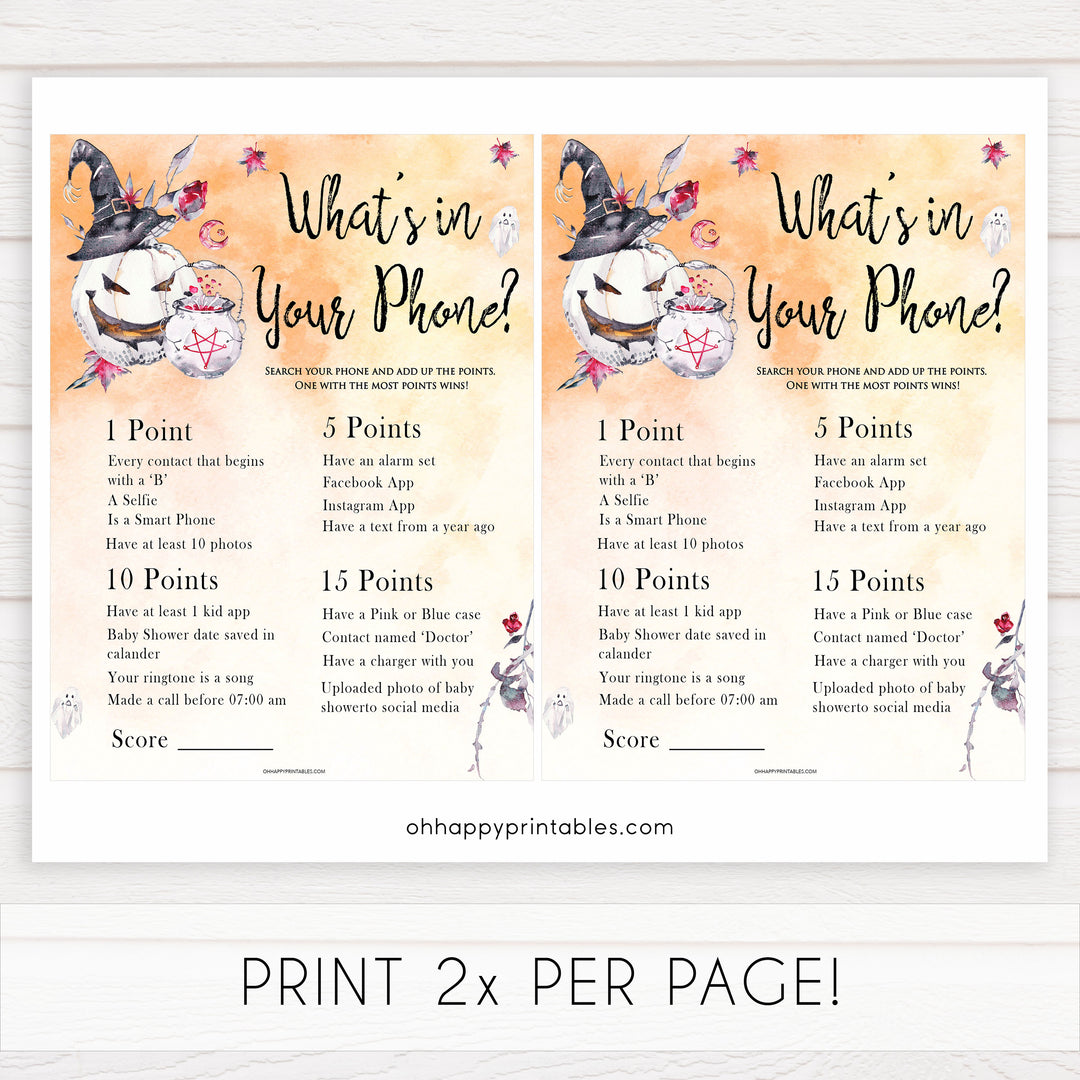 Halloween pumpkin baby games, whats in your phone baby games, printable baby games, best baby games, top baby games halloween baby shower, halloween baby ideas, best baby games