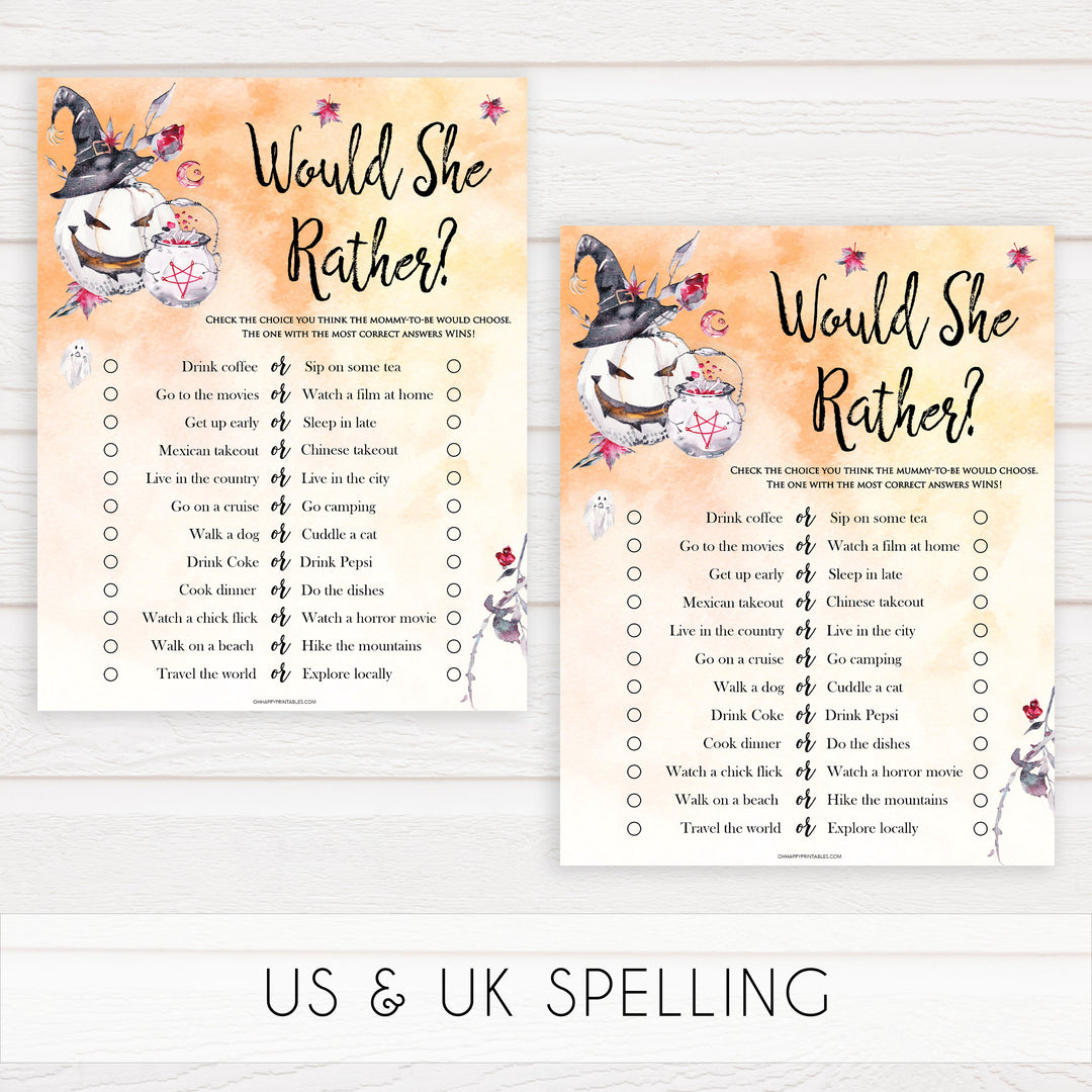 Halloween pumpkin baby games, would she rather baby games, printable baby games, best baby games, top baby games halloween baby shower, halloween baby ideas, best baby games