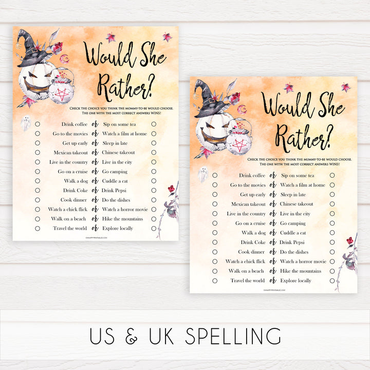 Halloween pumpkin baby games, would she rather baby games, printable baby games, best baby games, top baby games halloween baby shower, halloween baby ideas, best baby games