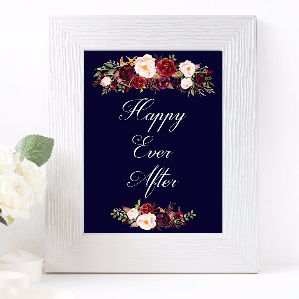 Happy Ever After Marsala Wedding Bridal Shower Dark Blue Sign