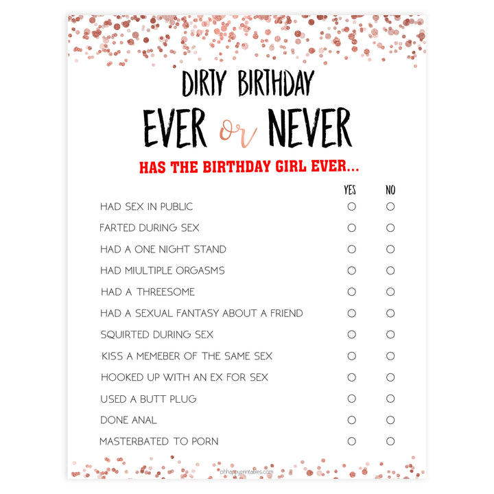dirty birthday ever or never game, ever or never birthday game, printable birthday games, adult birthday games