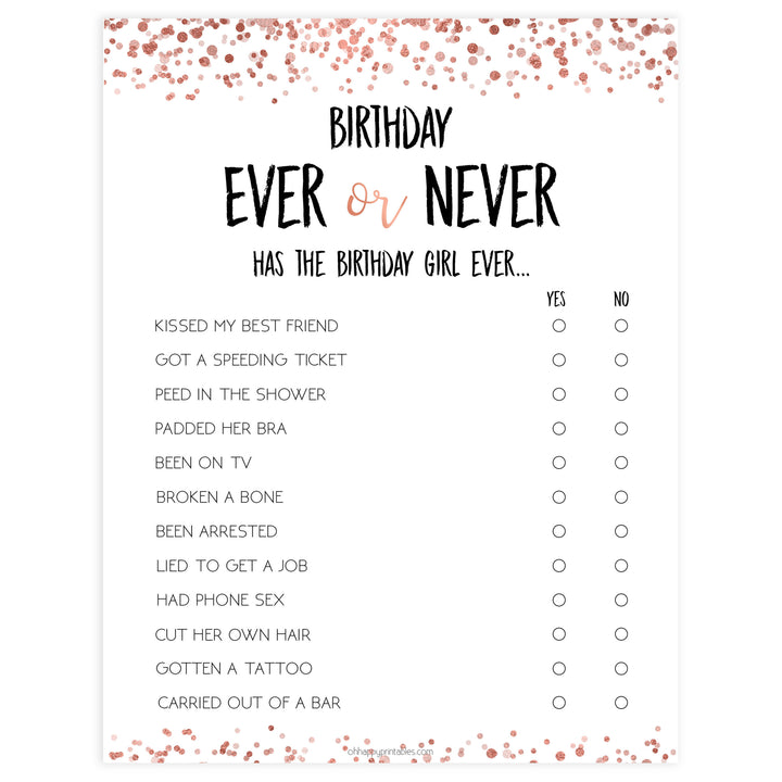 have I ever birthday game, printable birthday games, rose gold birthday game, ever or never game, fun birthday games