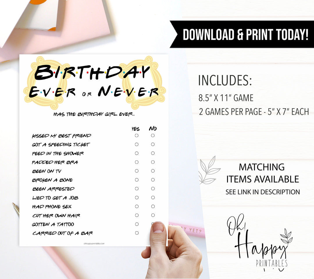 friends birthday games, ever or never game, fun birthday games, printable birthday games
