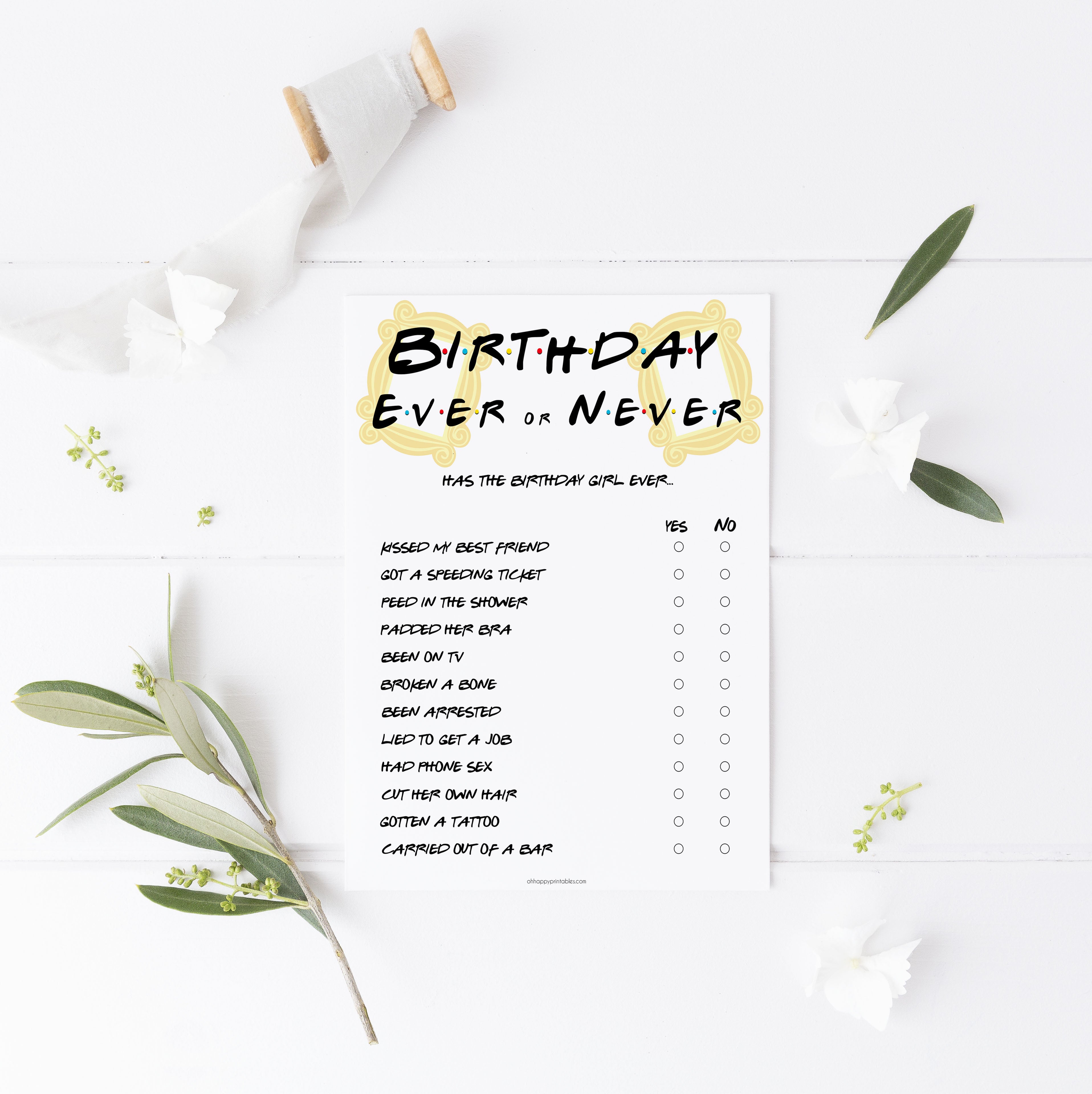 friends birthday games, ever or never game, fun birthday games, printable birthday games