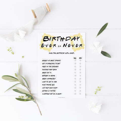 friends birthday games, ever or never game, fun birthday games, printable birthday games