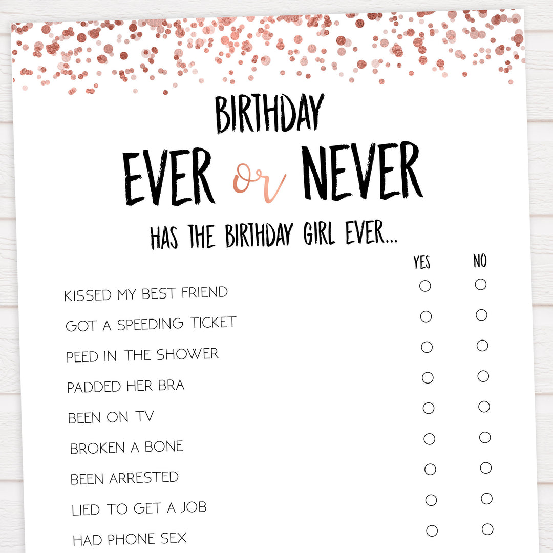 have I ever birthday game, printable birthday games, rose gold birthday game, ever or never game, fun birthday games