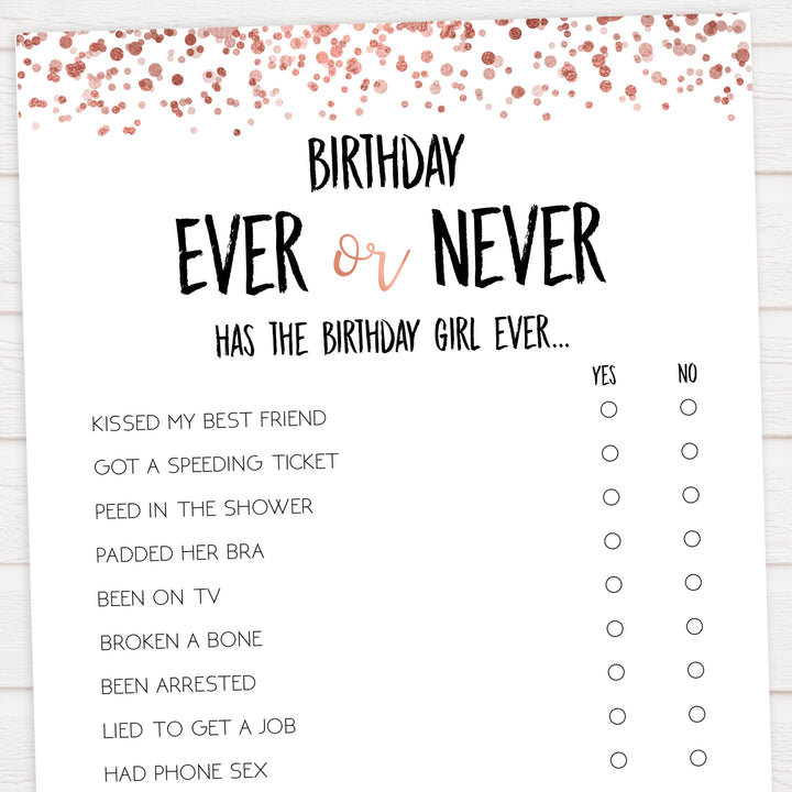 have I ever birthday game, printable birthday games, rose gold birthday game, ever or never game, fun birthday games