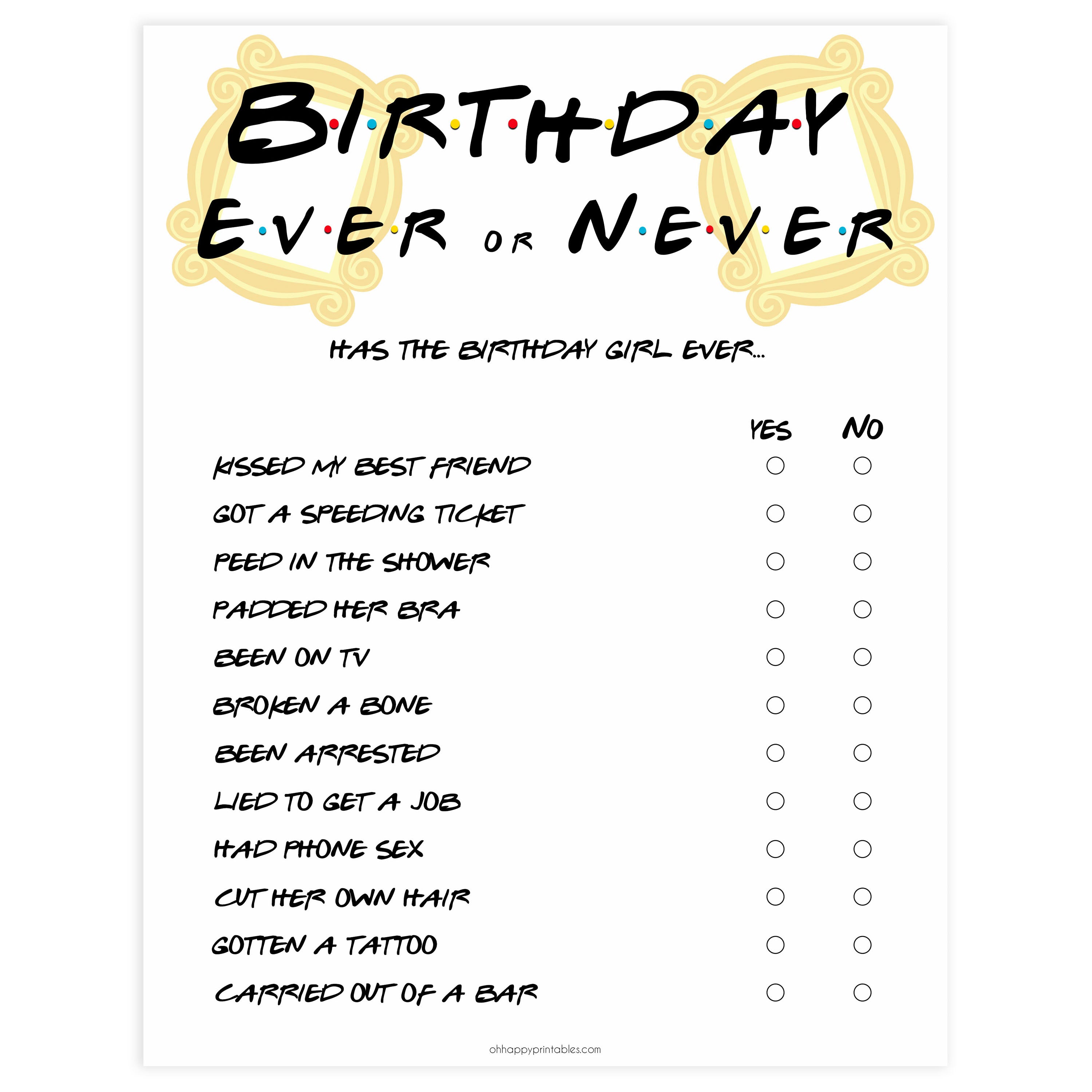 friends birthday games, ever or never game, fun birthday games, printable birthday games