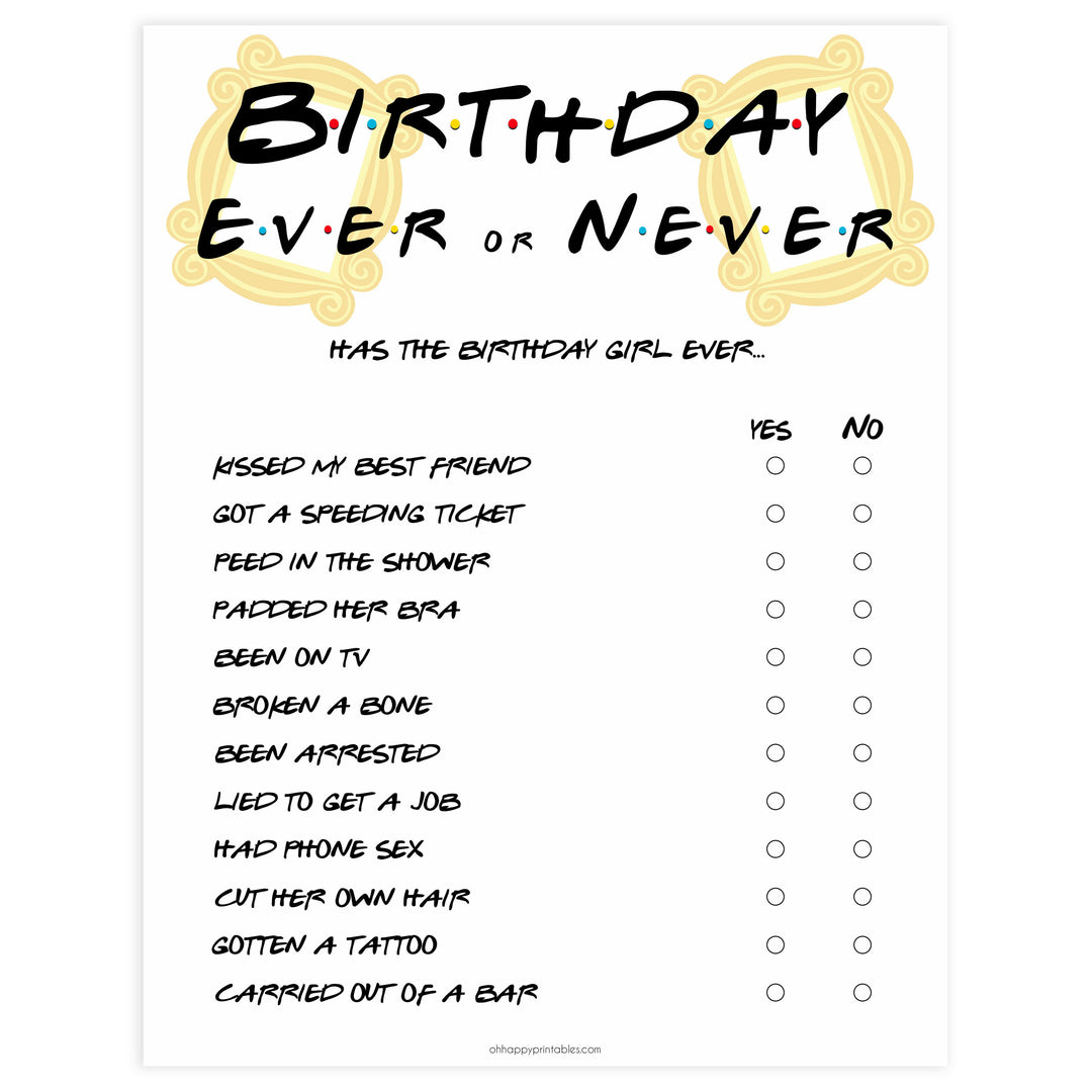 friends birthday games, ever or never game, fun birthday games, printable birthday games