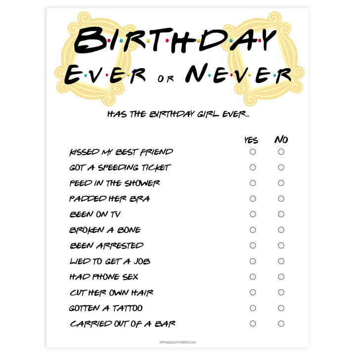 friends birthday games, ever or never game, fun birthday games, printable birthday games