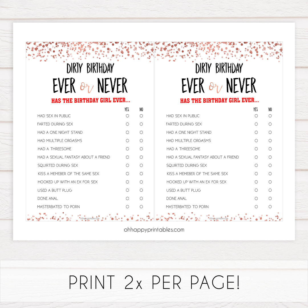 dirty birthday ever or never game, ever or never birthday game, printable birthday games, adult birthday games