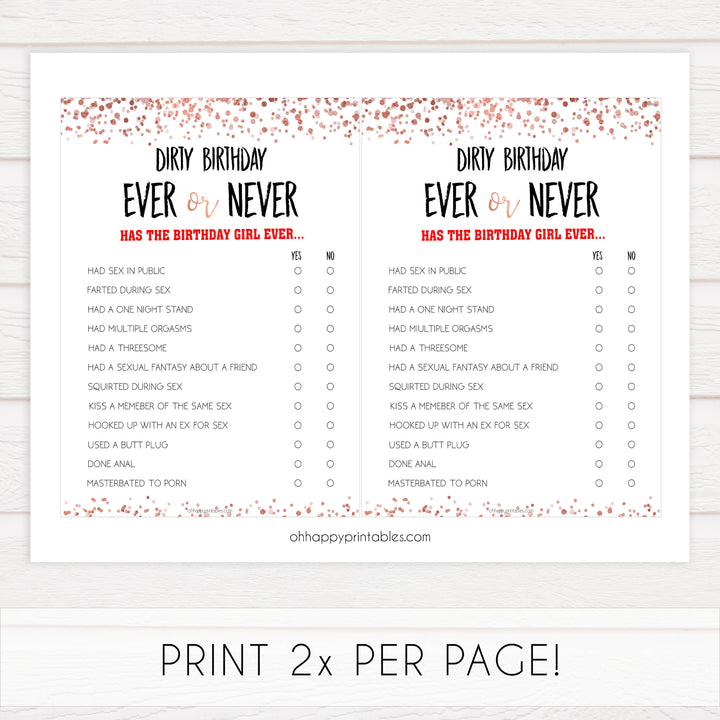 dirty birthday ever or never game, ever or never birthday game, printable birthday games, adult birthday games