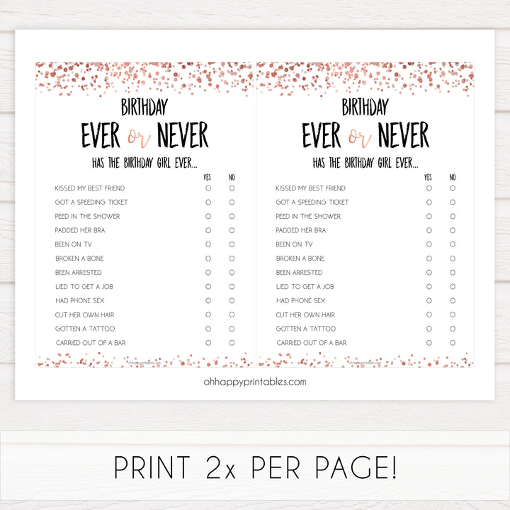 have I ever birthday game, printable birthday games, rose gold birthday game, ever or never game, fun birthday games