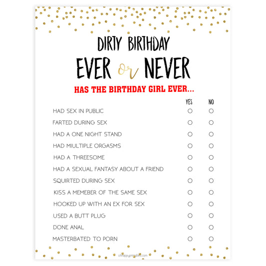 dirty ever or never, naughty have i ever game, printable birthday games, 30th birthday games, naughty birthday games, dirty birthday