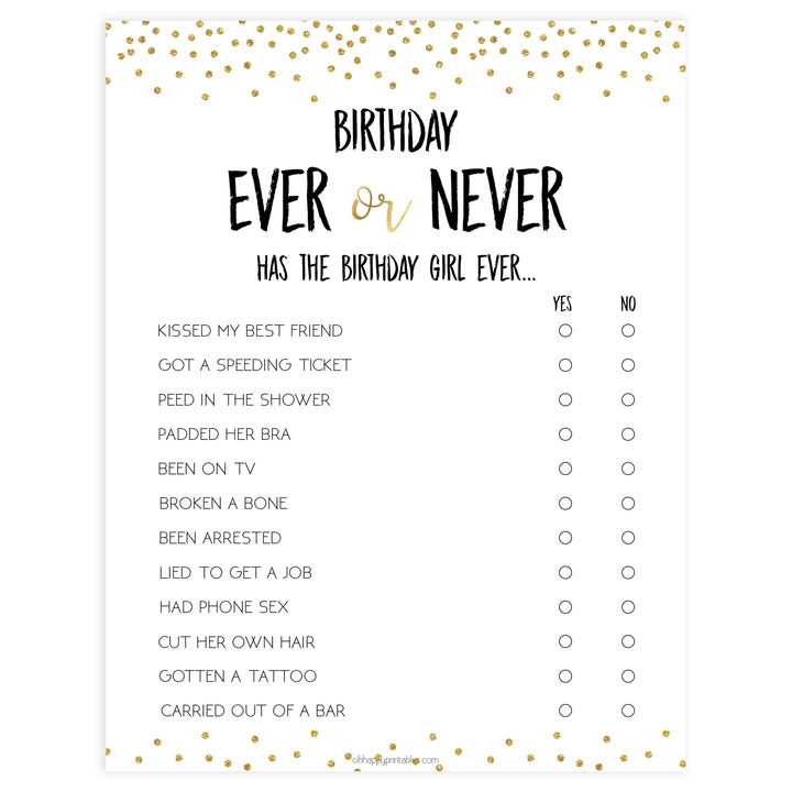 birthday have i ever game, printable birthday game, gold glitter birthday game, gold games, have i ever printable