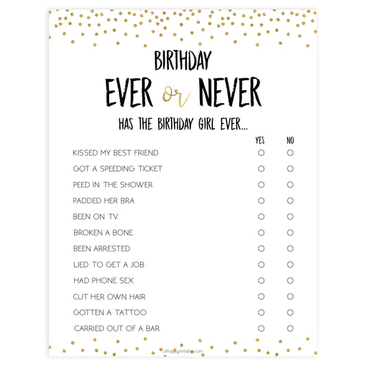 birthday have i ever game, printable birthday game, gold glitter birthday game, gold games, have i ever printable