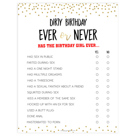 dirty ever or never, naughty have i ever game, printable birthday games, 30th birthday games, naughty birthday games, dirty birthday