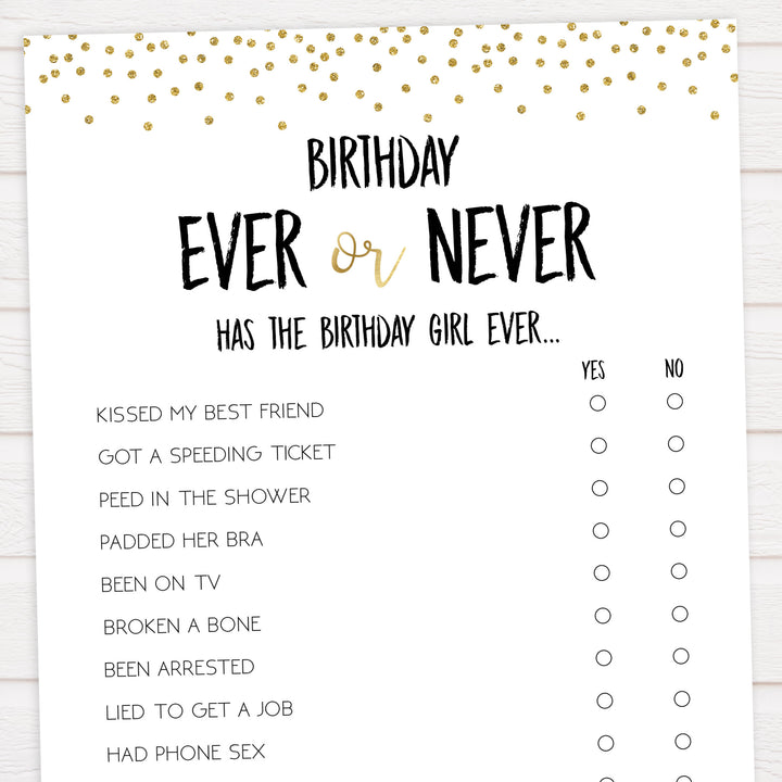 birthday have i ever game, printable birthday game, gold glitter birthday game, gold games, have i ever printable