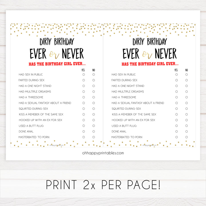 dirty ever or never, naughty have i ever game, printable birthday games, 30th birthday games, naughty birthday games, dirty birthday
