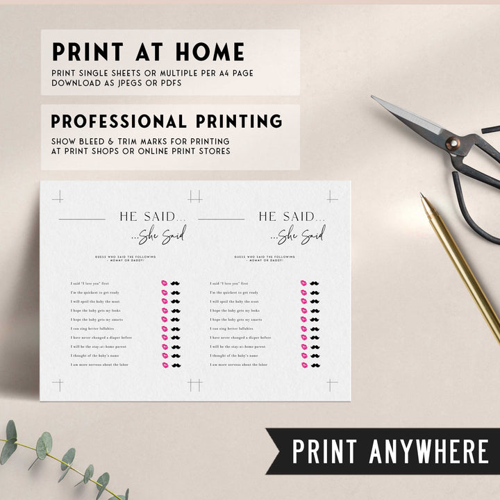 Printable baby shower game He Said She Said with a modern minimalist design