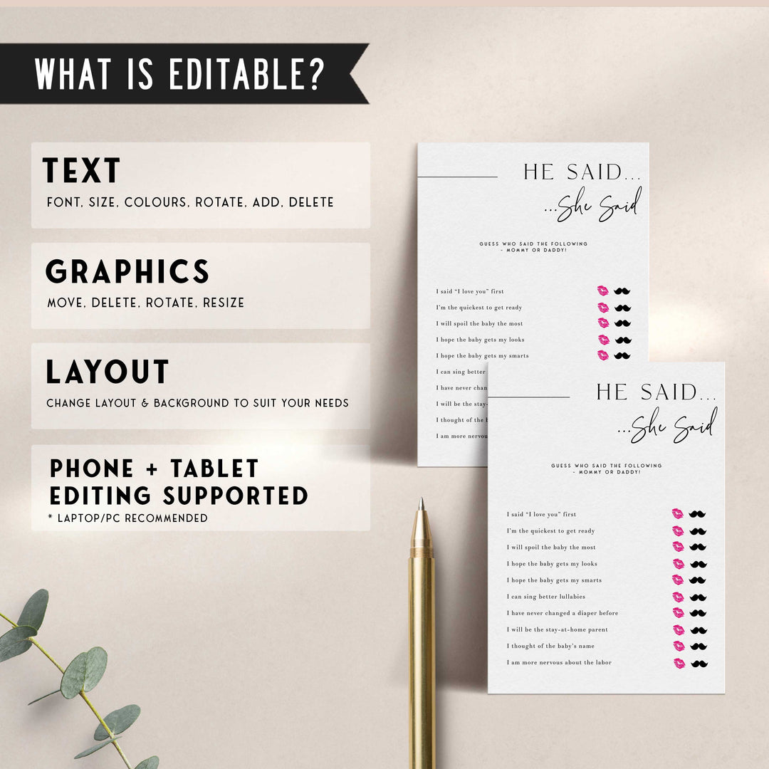 Printable baby shower game He Said She Said with a modern minimalist design