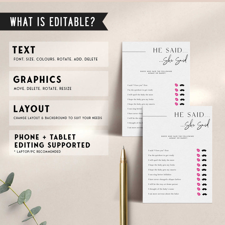 Printable baby shower game He Said She Said with a modern minimalist design