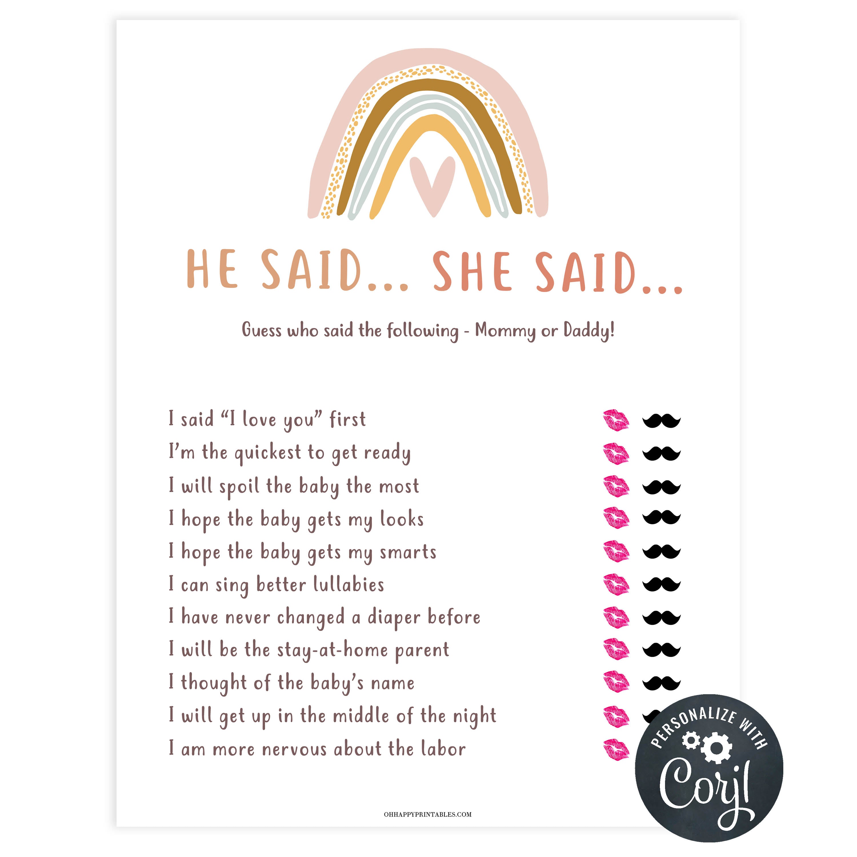 editable he said she said baby shower games, printable baby shower games, boho rainbow baby shower games