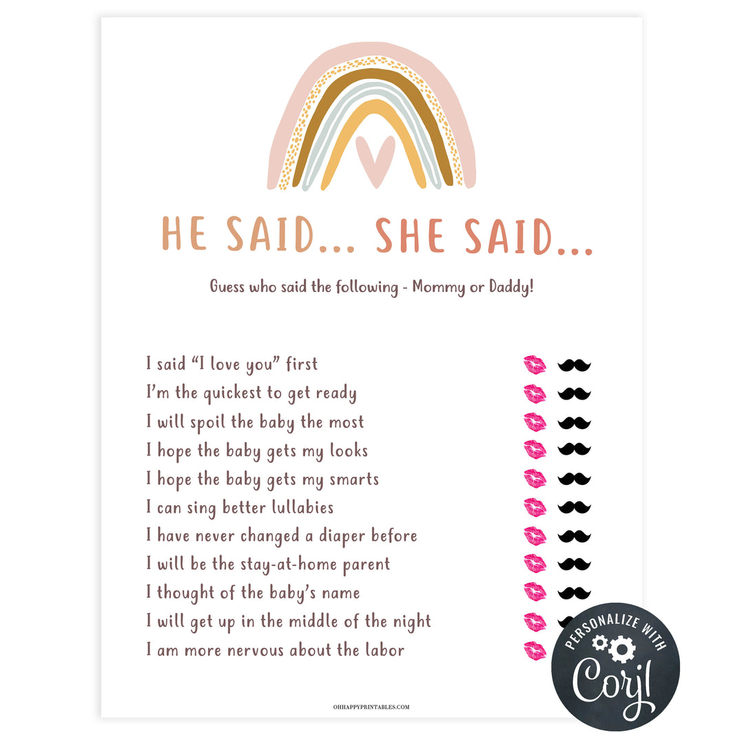 editable he said she said baby shower games, printable baby shower games, boho rainbow baby shower games