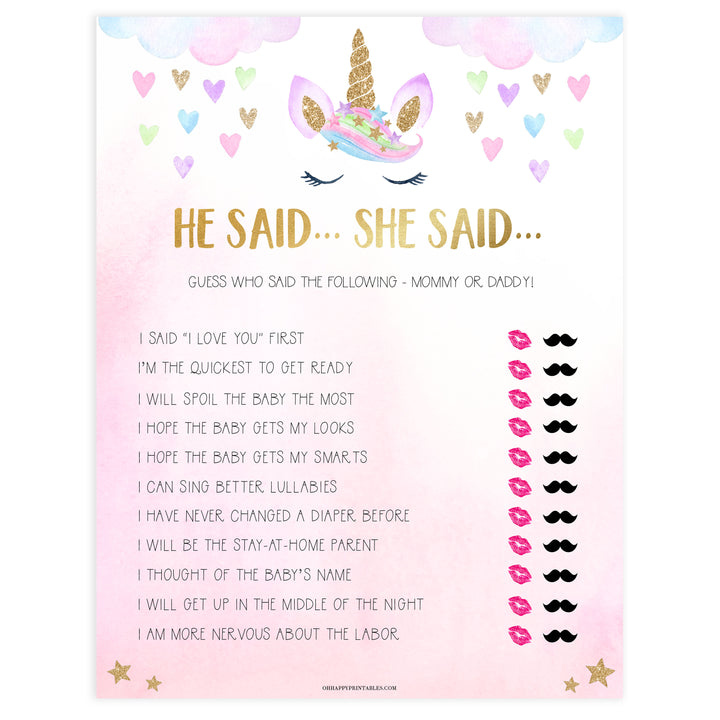 he said she said baby game, Printable baby shower games, unicorn baby games, baby shower games, fun baby shower ideas, top baby shower ideas, unicorn baby shower, baby shower games, fun unicorn baby shower ideas