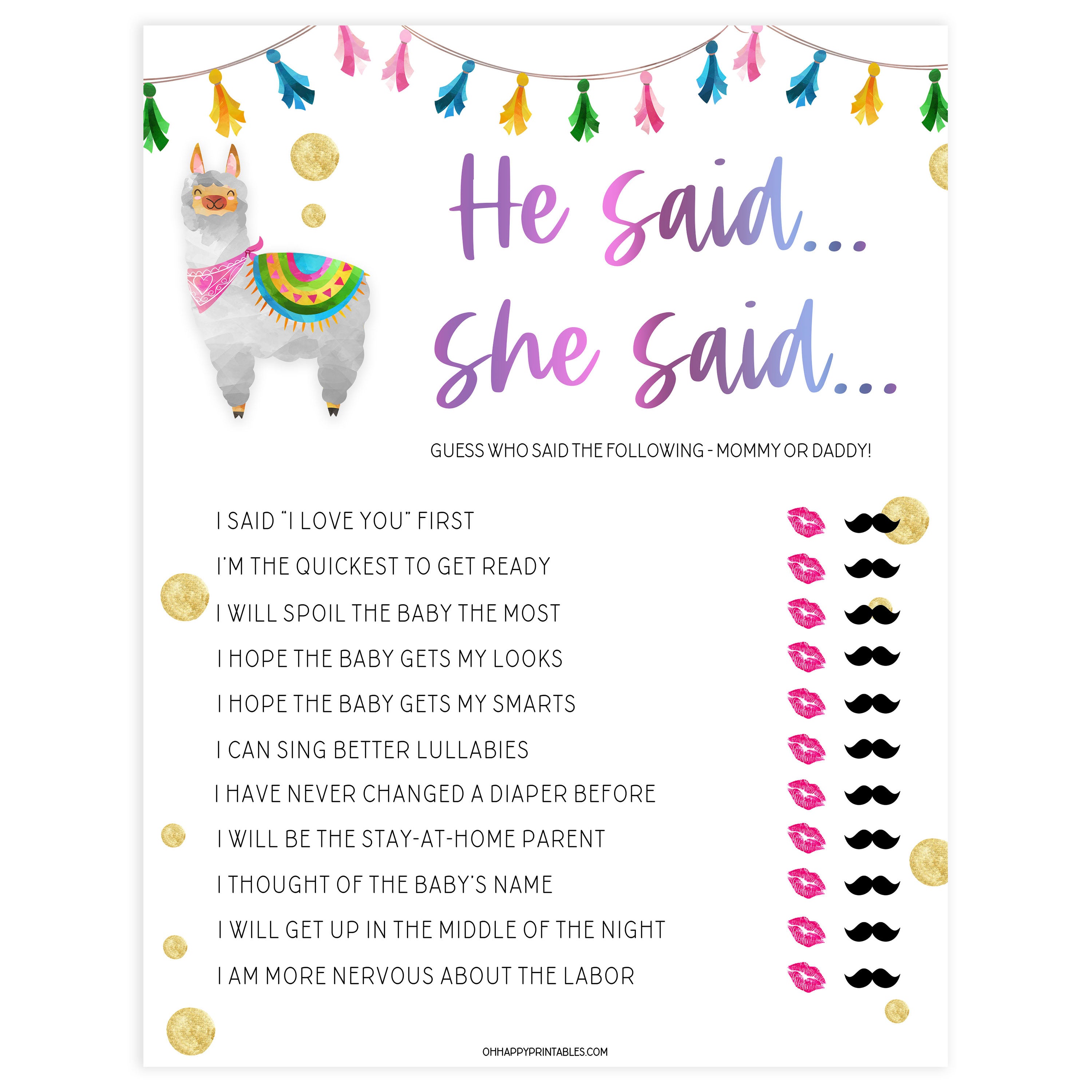 he said she said baby game, Printable baby shower games, llama fiesta fun baby games, baby shower games, fun baby shower ideas, top baby shower ideas, Llama fiesta shower baby shower, fiesta baby shower ideas