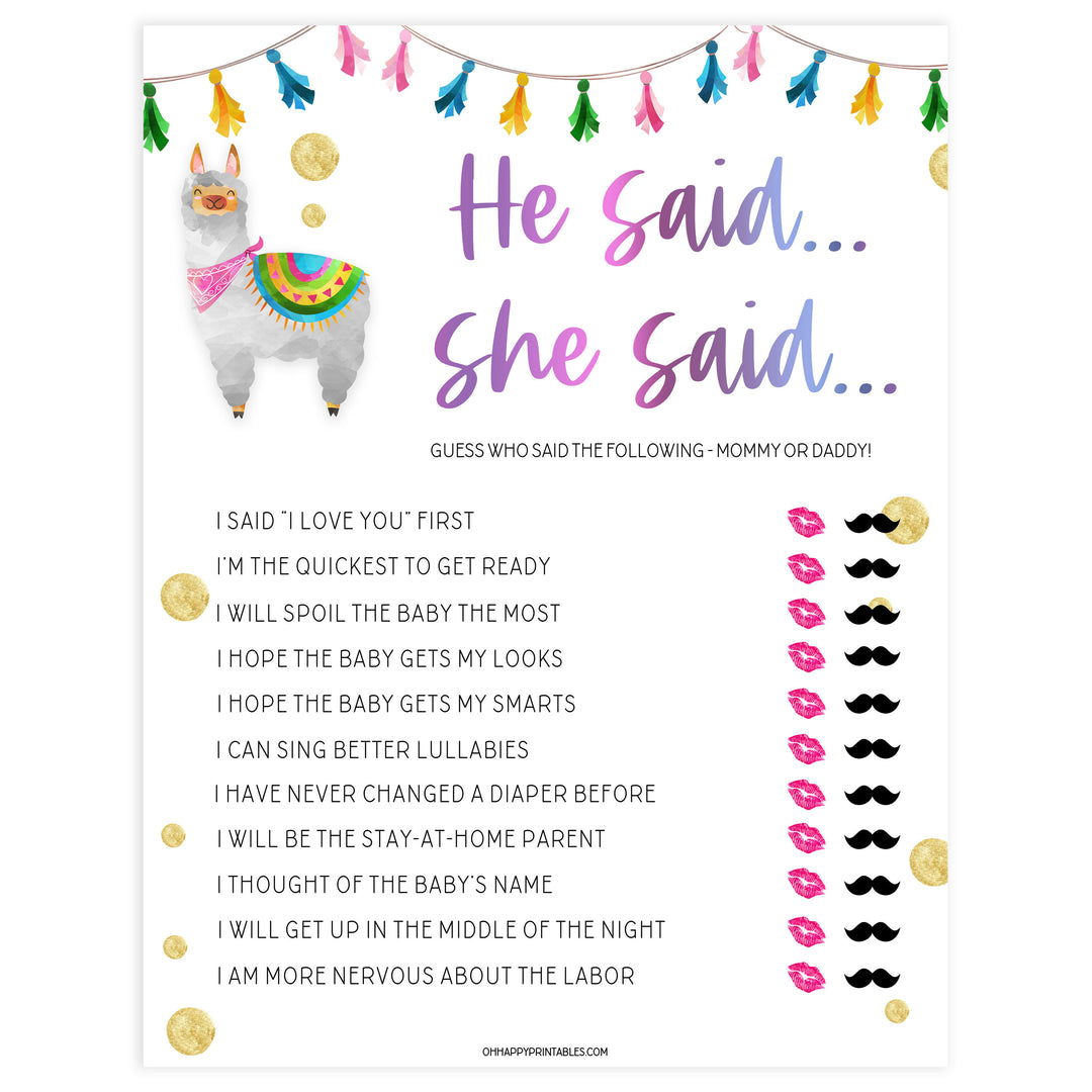 he said she said baby game, Printable baby shower games, llama fiesta fun baby games, baby shower games, fun baby shower ideas, top baby shower ideas, Llama fiesta shower baby shower, fiesta baby shower ideas