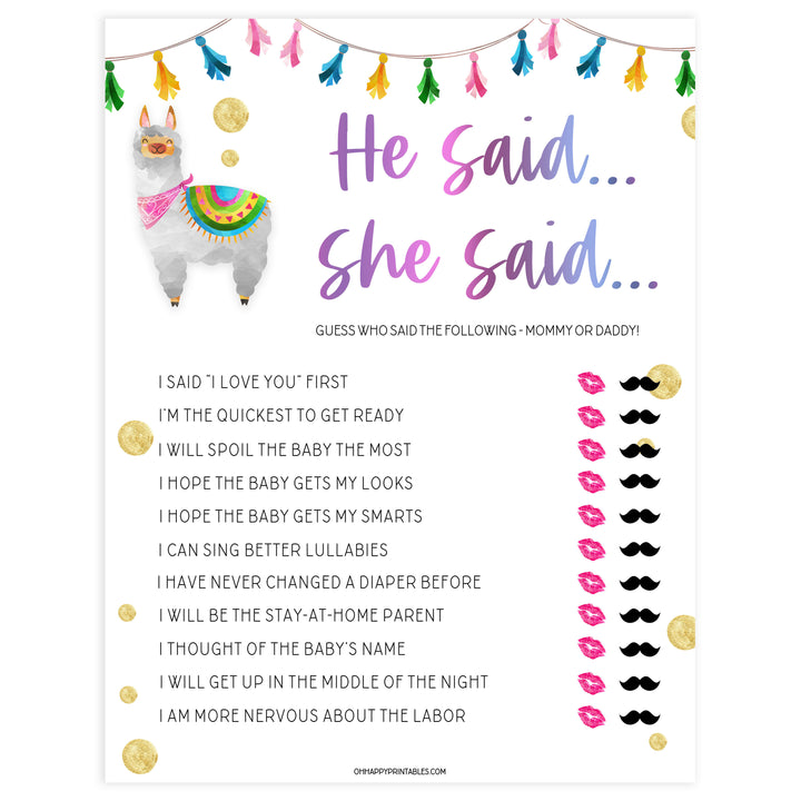 he said she said baby game, Printable baby shower games, llama fiesta fun baby games, baby shower games, fun baby shower ideas, top baby shower ideas, Llama fiesta shower baby shower, fiesta baby shower ideas