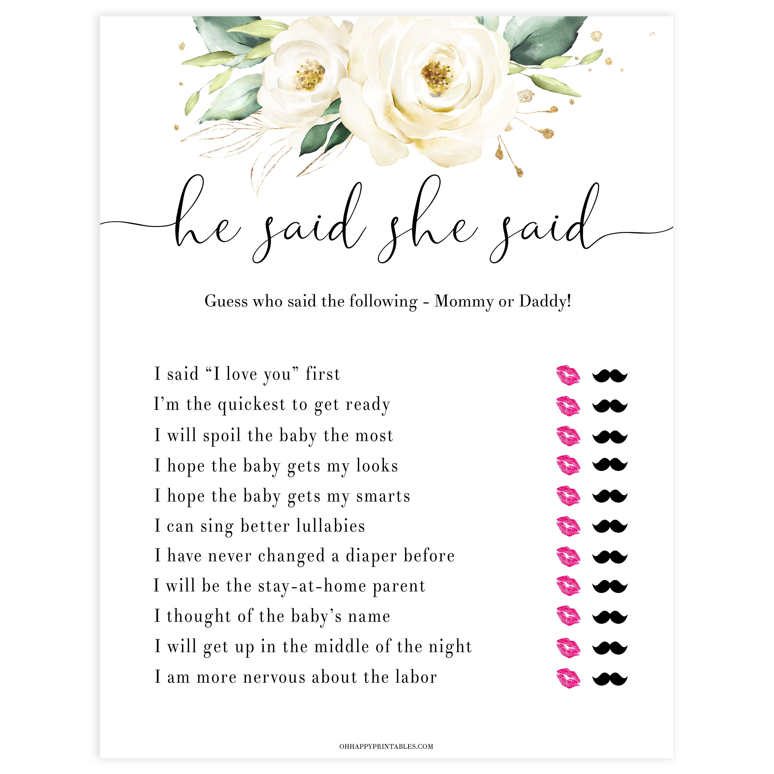 he said she said baby game, editable baby game, Printable baby shower games, shite floral baby games, baby shower games, fun baby shower ideas, top baby shower ideas, floral baby shower, baby shower games, fun floral baby shower ideas