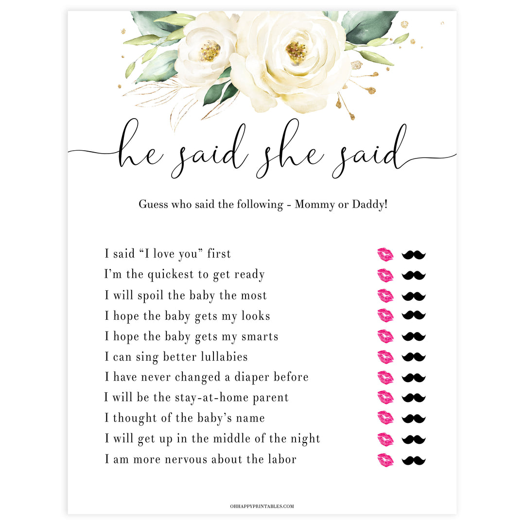 he said she said baby game, editable baby game, Printable baby shower games, shite floral baby games, baby shower games, fun baby shower ideas, top baby shower ideas, floral baby shower, baby shower games, fun floral baby shower ideas