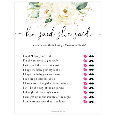 he said she said baby game, editable baby game, Printable baby shower games, shite floral baby games, baby shower games, fun baby shower ideas, top baby shower ideas, floral baby shower, baby shower games, fun floral baby shower ideas