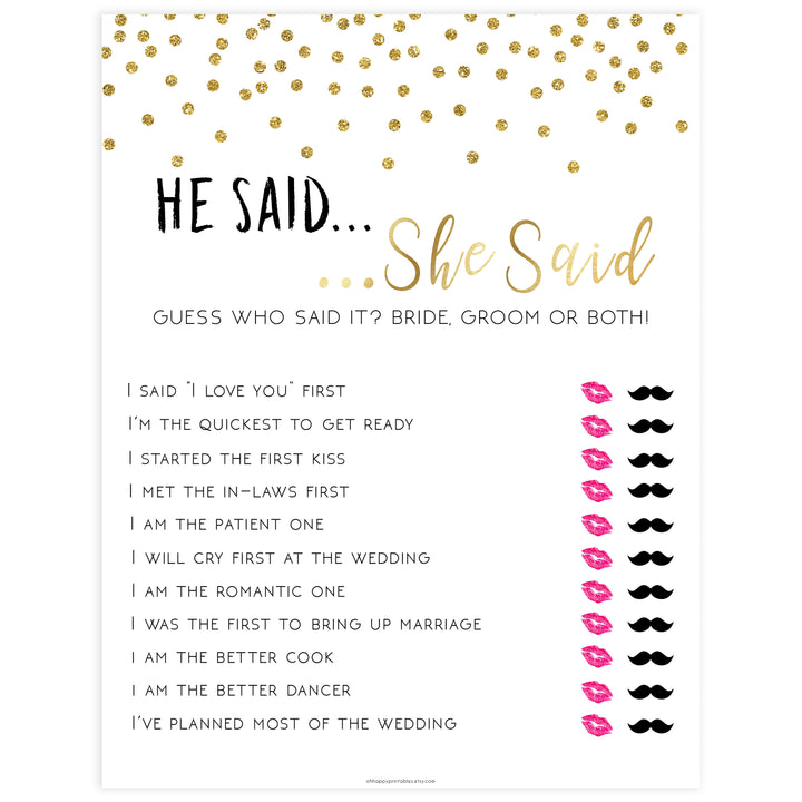 he said she said bridal game, Printable bridal shower games, gold glitter bridal shower, gold glitter bridal shower games, fun bridal shower games, bridal shower game ideas, gold glitter bridal shower