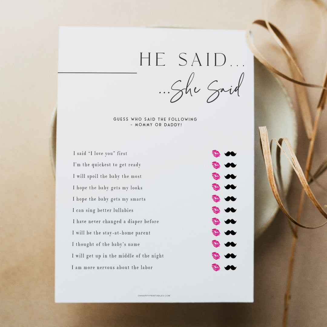 Printable baby shower game He Said She Said with a modern minimalist design