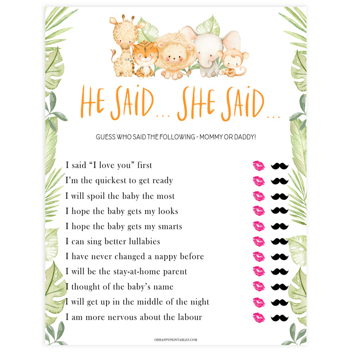 he said she said baby shower game,  Printable baby shower games, safari animals baby games, baby shower games, fun baby shower ideas, top baby shower ideas, safari animals baby shower, baby shower games, fun baby shower ideas
