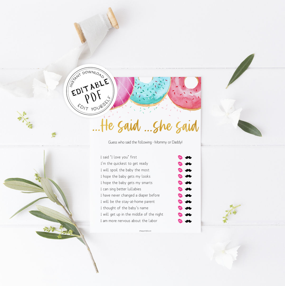 editable baby games, he said she said baby game, Printable baby shower games, donut baby games, baby shower games, fun baby shower ideas, top baby shower ideas, donut sprinkles baby shower, baby shower games, fun donut baby shower ideas