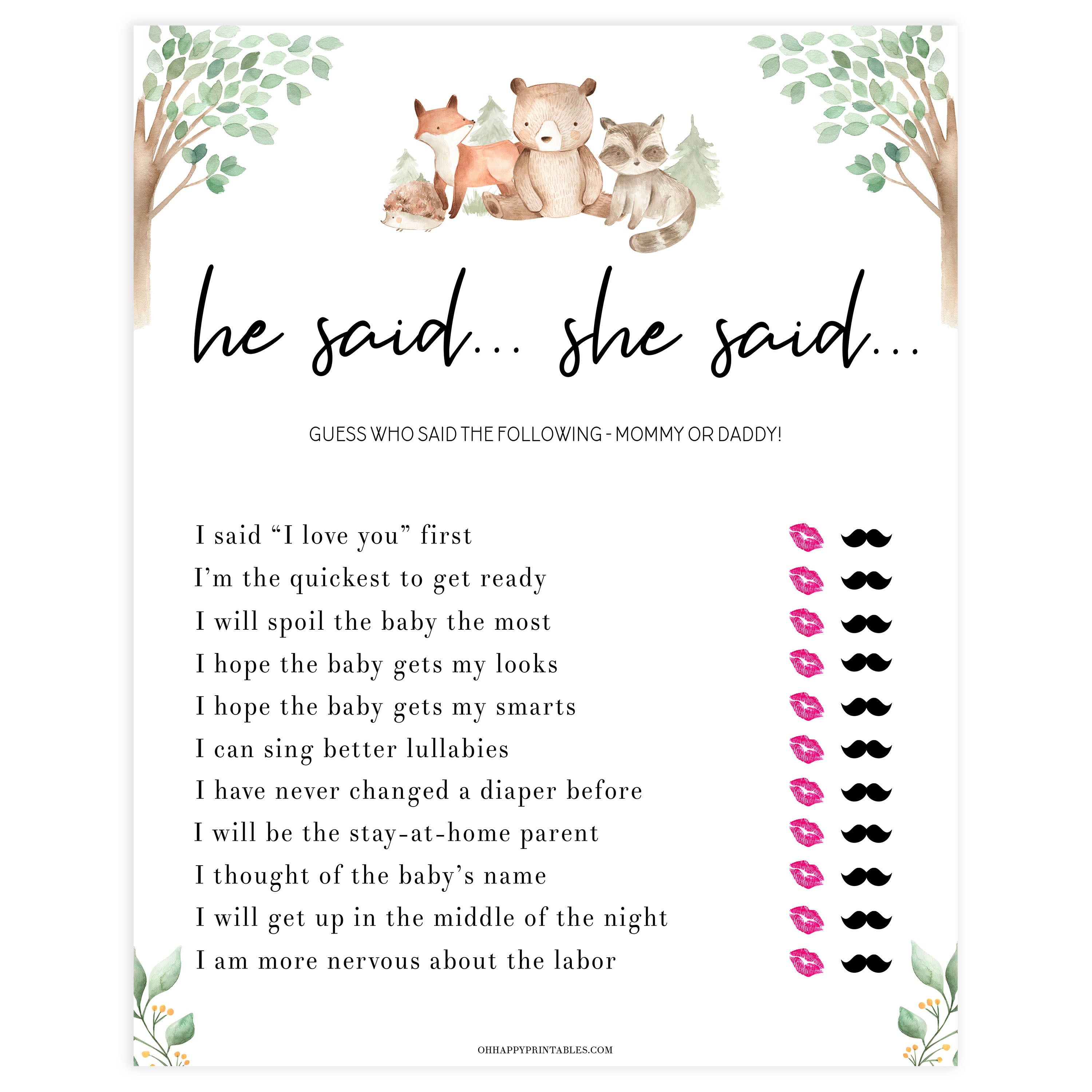 he said she said baby shower game, Printable baby shower games, woodland animals baby games, baby shower games, fun baby shower ideas, top baby shower ideas, woodland baby shower, baby shower games, fun woodland animals baby shower ideas